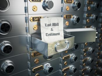 Last will and testament in the safe deposit box. Heritage concept. 3d