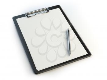 Clipboard and pen isolated on white with copy space. 3d illustration