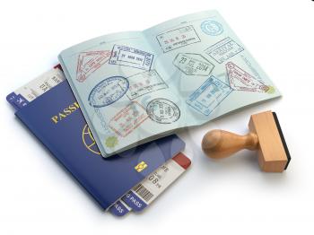 Opened passport with visa stamps and airline boading pass tickets isolated on white. Travel or turism concept. 3d