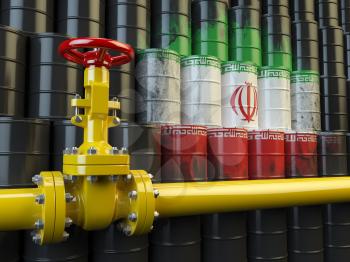 Oil pipe line valve in front of the Iranian flag on the oil barrels. Iranian gas and oil fuel energy concept. 3d illustration