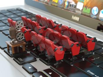 Video player application  or home cinema concept. Laptop and rows of cinema seats, 3d illustration