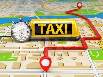 Taxi sign on the city map with stopwatch and route. Concept of taxi online service. 3d illustration
