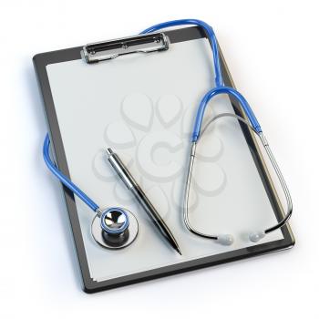 Clipboard withstethoscope and pen isolated on white. Diagnosis or blood test. Medical concept. 3d illustration