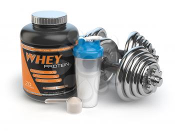 Sports bodybuilding  supplements or nutrition. Fitness or healthy lifestyle concept. Whey protein with dumbbells and shaker.  3d illustration