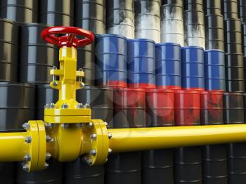 Oil pipe line valve in front of the russian flag on the oil barrels. Iranian gas and oil fuel energy concept. 3d illustration
