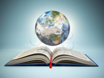 Opened book and Earth on blue background, Education concept. 3d illustration