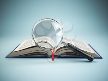 Library search. Loupe and book. Educational concept. 3d illustration