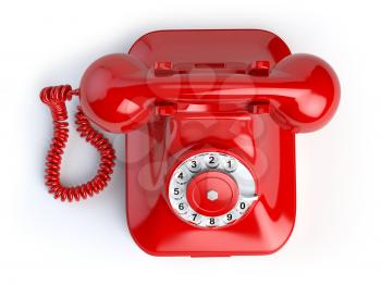 Red vintage telephone isolated on white. Top view of phone. 3d illustration