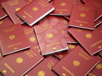 Germany passport background. Immigration or travel concept. Pile of german passports. 3d illustration