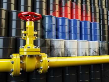 Oil pipe line valve in front of the russian flag on the oil barrels. Iranian gas and oil fuel energy concept. 3d illustration
