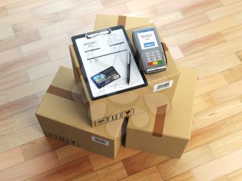Cardboard box, clipboard with receiving form and pos terminal and credit card. Delivery concept. 3d illustration