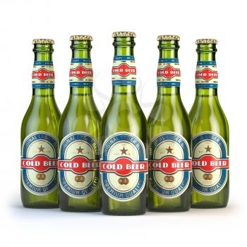 Beer bottles with label cold beer isolated on white. 3d illustration