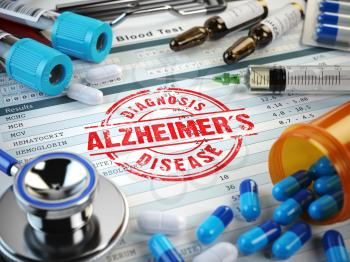 Alzheimers disease diagnosis. Stamp, stethoscope, syringe, blood test and pills on the clipboard with medical report. 3d illustration