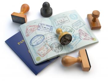 Travel or turism concept. Opened passport with visa stamps and different stampers isolated on white. 3d