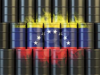 Oil fuel of Venezuela energy concept. Venezuelan flag painted on oil barrels. 3d illustration