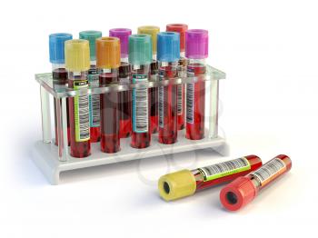 Blood test tubes. Blood samples in a rack  isolated on white. 3d illustration