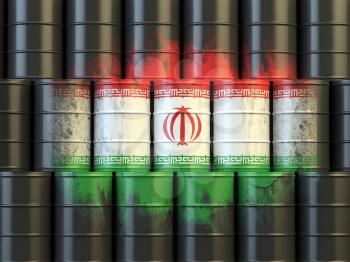 Iranian oil fuel energy concept. Iranian flag painted on oil barrels. 3d illustration