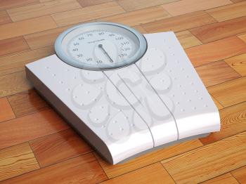 Scales on the wooden floor. Weight control. 3d illustration