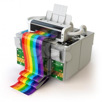 Printer and CMYK cartridges for colour inkjet printer isolated on white. 3d  illustration