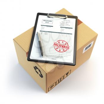 Delivery concept. Cardboard box, pen, clipboard with receiving form and stamp delivered isolated on white. 3d illustration