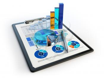 Business financial chart graph on clipboard isolated on white. Accounting, tax financial  report concept. 3d illustraion