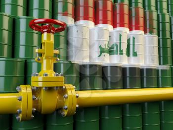 Oil pipe line valve in front of the flag of Iraq on the oil barrels. Iraqi gas and oil fuel energy concept. 3d illustration