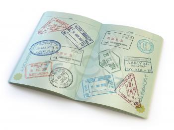 Opened passport with visa stamps on the  pages isolated on white. 3d