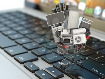 E-commerce or online shopping concept. Home appliance in shopping cart on the laptop keyboard. 3d illustration