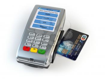 POS terminal with credit card isolated on white. 3d illustration