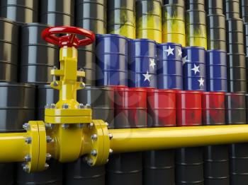 Oil pipe line valve in front of the flag of Venezuela on the oil barrels. Venezuelan gas and oil fuel energy concept. 3d illustration