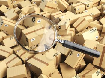 Delivery, shipping, logistics concept. Cardboard box tracking search. Loupe and boxes. 3d illustraion
