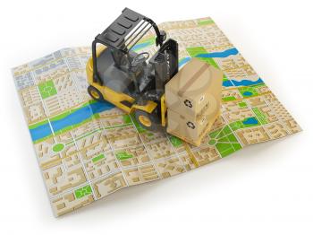 Forklift with cardboard boxes on the city map isolated on white.  Cargo delivery concept. 3d illustration