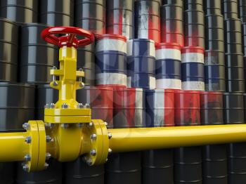 Oil pipe line valve in front of the flag of Norway on the oil barrels. Norwegian gas and oil fuel energy concept. 3d illustration