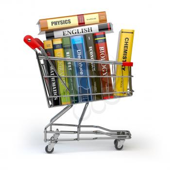 Shopping cart with books isolated on white. Textbooks. Back to school. 3d illustration