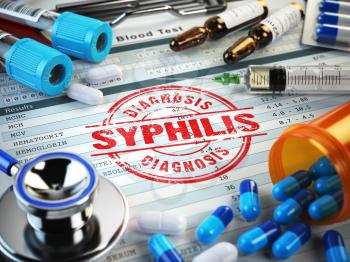 Syphilis diagnosis. Stamp, stethoscope, syringe, blood test and pills on the clipboard with medical report. 3d illustration