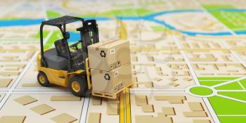 Forklift with cardboard boxes on the city map. Cargo delivery concept. 3d illustration