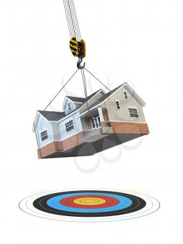 Moving  home. Crane with house and target isolated on white. Change of residence. Real estate concept. 3d illustration