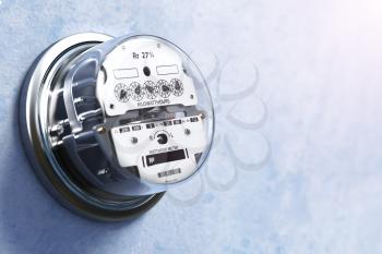 Analog electric meter on the wall.  Electricity consumption concept. 3d illustration