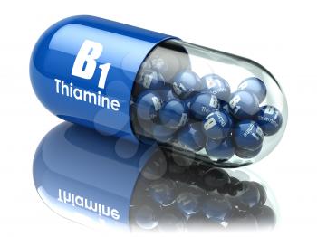 Vitamin B1 capsule. Pill with thiamine. Dietary supplements. 3d illustration