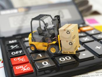 Forklift with cardboxes on calculator. Calculation of shipping delivery costs concept. 3d illustration