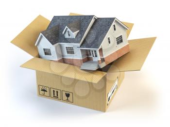 Moving house. Real estate market. Delivery concept. Cardboard box and home isolated on white. 3d illustration