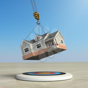 Moving  home. Crane with house and target. Change of residence. Real estate concept. 3d illustration