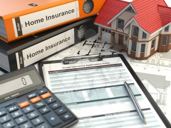 Home insurance form, house, calculator and binders, 3d illustration