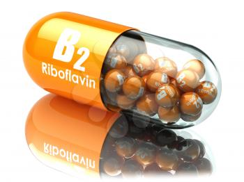 Vitamin B2 capsule. Pill with riboflavin. Dietary supplements. 3d illustration