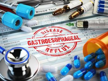 Gastroesophageal reflux disease diagnosis. Stamp, stethoscope, syringe, blood test and pills on the clipboard with medical report. 3d illustration