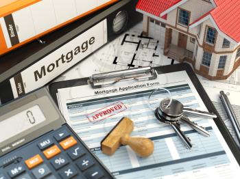 Mortgage application form with stamp approved, house, calculator and binders. 3d illustration