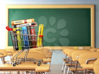 Shopping cart with book in the classroom, school desk and blackboard. Textbooks. Back to school. 3d illustration