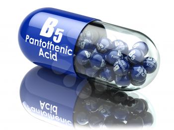 Vitamin B5 capsule. Pill with pantothenic acid. Dietary supplements. 3d illustration