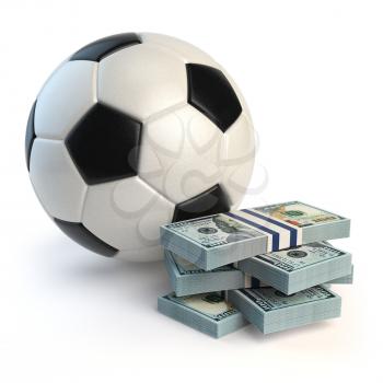Soccer or football ball and packs of dollars isolated on white. Sport bets concept. 3d illustration