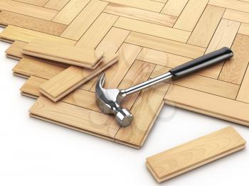 Laying hardwood parquet concept. Hammer on the floor. 3d illustration